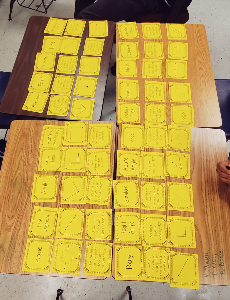 NFlems's tweet photo. Great first day back yesterday! Geometry classes jumped right in with a vocabulary card sort. Lots of discussion and debate over definitions of each term and what each looks like visually. Looking forward to a great semester! https://t.co/ce8DfXeMy2