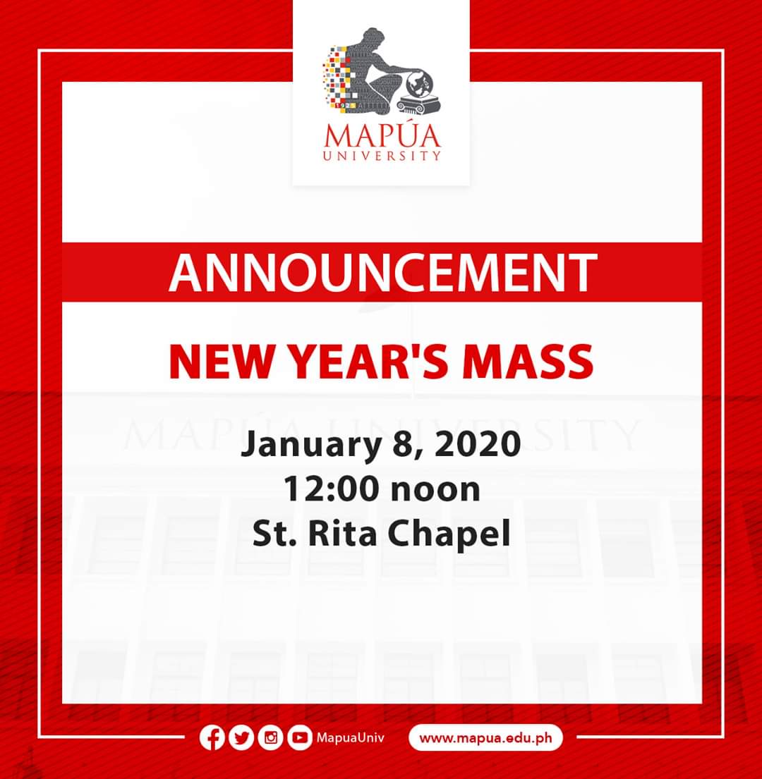 mapuaunivsms's tweet photo. Happy New Year Mapúans! Everyone is invited to attend the  New Year's Mass tomorrow, 12 noon at the St. Rita Chapel as we welcome the new decade and give thanks for the blessings of 2019. https://t.co/C80FdVhBWP