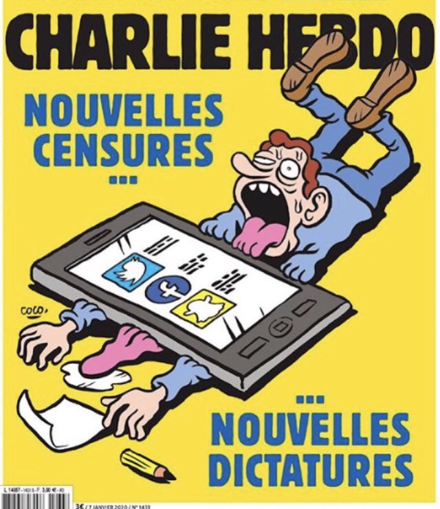 iathom's tweet image. I dag er det fem år siden attentatet mot Charlie Hebdo, et attentat ikke bare mot satiremagasinet, men mot en av demokratiets viktigste bærebjelker: Ytringsfriheten.
Dagens forside illustrerer situasjonen etter attentatet: «Ny sensur, nye diktatur».