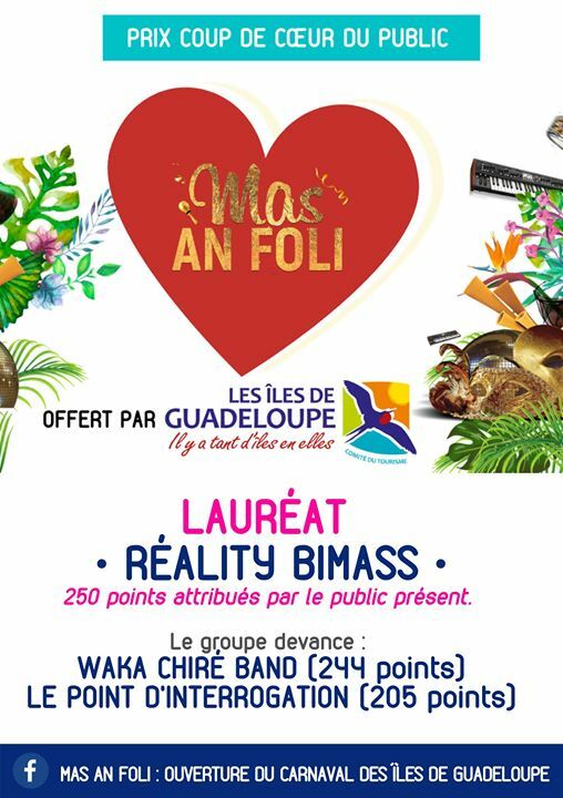masanfoli's tweet photo. #MasAnFoli | Vous avez fait votre choix et élu votre lauréat !
Dans le cadre de la 3ème édition du MAS AN FOLI, l'ouverture du Carnaval des îles de Guadeloupe, le PRIX COUP DE CŒUR offert par le Les Îles de Guadeloupe - CTIG est attribué à Réality Bimass… https://t.co/pDz5rhnaNu https://t.co/ypFUc2eouJ