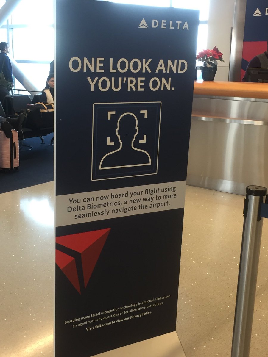 robseamans's tweet photo. New facial recognition used by ⁦@Delta⁩ at JFK boarding gates. Optional use. 

Should I do it?

cc: ⁦@lizjosullivan⁩ ⁦@mer__edith⁩ ⁦@katecrawford⁩ ⁦@rcalo⁩ https://t.co/hf1v40trV5
