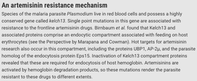 ScienceMagazine's tweet photo. #Malaria parasite mutations that inhibit the endocytoic appetite for a host’s red blood cells may render them resistant to artemisinin, a widely used antimalarial drug, according to a new Science study. https://t.co/C35mOBo861 #Biology #Health https://t.co/tmb9MaJXy4