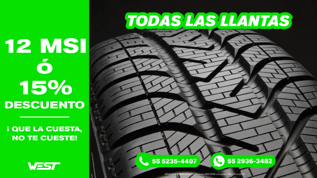 west_mexico's tweet photo. Nuestras promociones continuan.
Todos los servicios y llantas, están a 12 MSI o 15% de descuento con cualquier forma de pago.

Pregunta a tu asesor WEST👊 https://t.co/kUx2PY4CrA