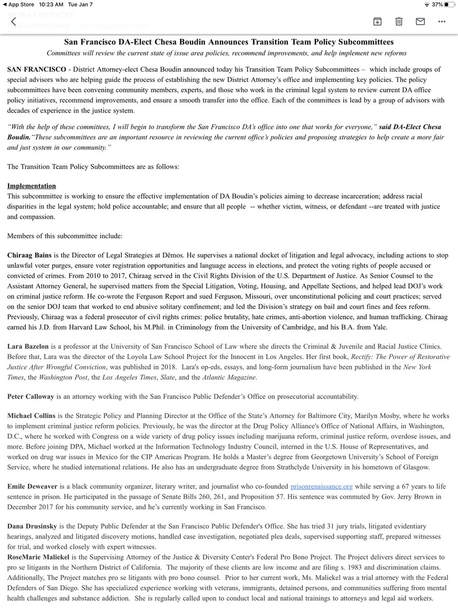 “With the help of these committees, I will begin to transform the San Francisco DA’s office into one that works for everyone,” said DA-Elect Chesa Boudin.“These subcommittees are an important resource in reviewing the current office’s policies and proposing strategies to help create a more fair and just system in our community.”