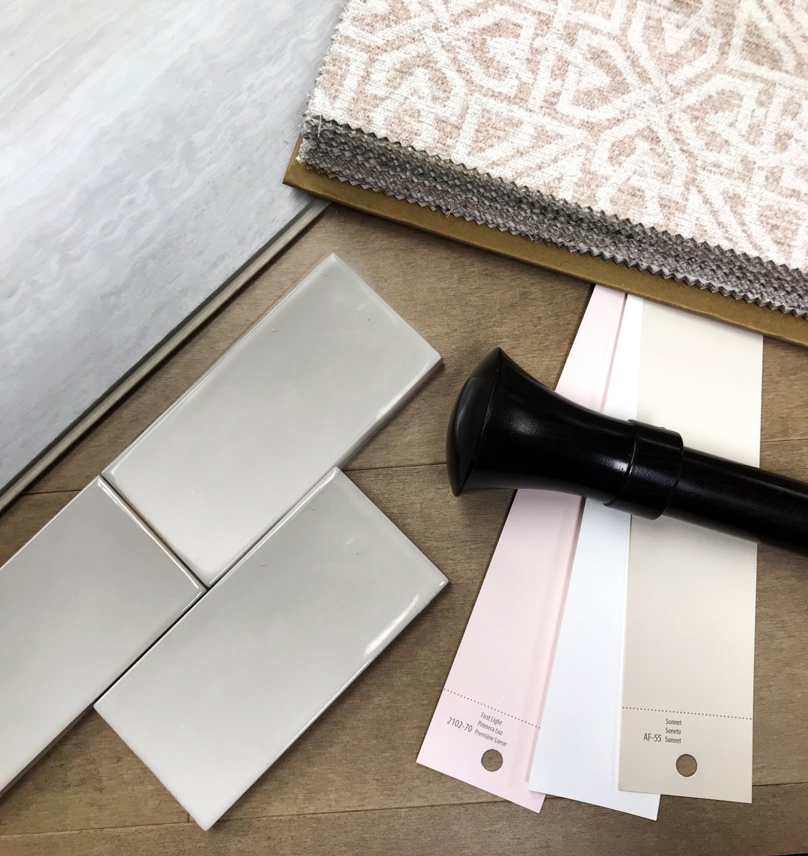 We are super happy with this year's, Colour of the Year by Benjamin Moore. It is a warm, rosy pink called First Light. ✨

With today's inspiration board, we have paired that exact colour with beautiful white subway tile, and drapery fabrics that pair beautifully with it.