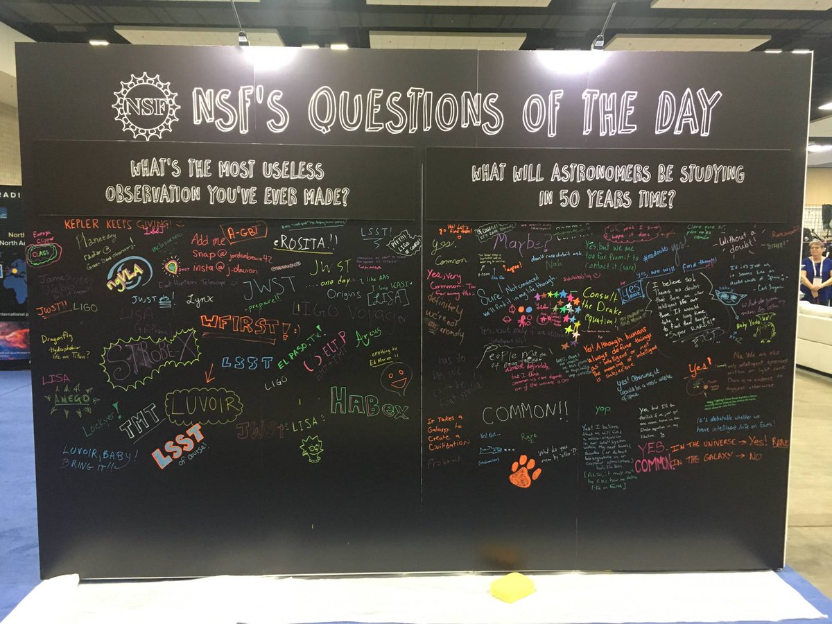 NOIRLabAstro's tweet photo. Want to know what #aas235 attendees think are the most useless observations and what will be studied in 50 years? Check out our wall of answers in the picture. #NSFOIRLab #NSFastronomy #discovertogether https://t.co/i6UobDq6Zx