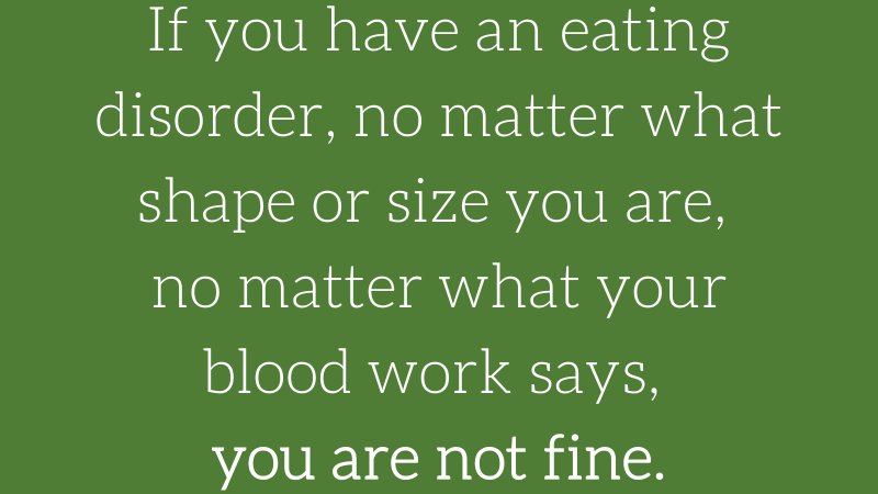 We hear it all the time: 
"I'm fine!" 
If I were REALLY struggling, I wouldn't
a) be this weight
b) have normal labs
c) be able to parent/be a partner
d) go to school or work
e) all of the above
Dr. G discusses how to combat fine: bit.ly/2QXsE5c
#eatingdisorder