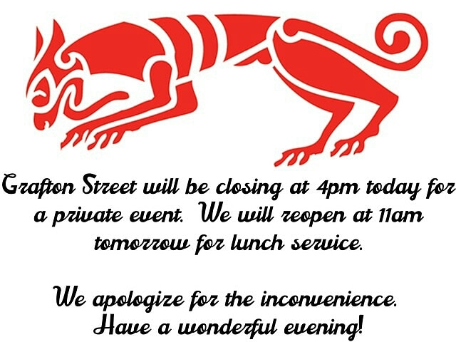 Grafton Street (@grafton02138) on Twitter photo We will be closed this evening for a private event. Please visit one of our sister restaurants for a delicious dinner and drinks! @russellhousetav @thehourly02138 @parkcambridge @templebar02138 <a href="/stateprovisions/">State St. Provisions</a> We will be closed this evening for a private event. Please visit one of our sister restaurants for a delicious dinner and drinks! @russellhousetav @thehourly02138 @parkcambridge @templebar02138 <a href="/stateprovisions/">State St. Provisions</a>