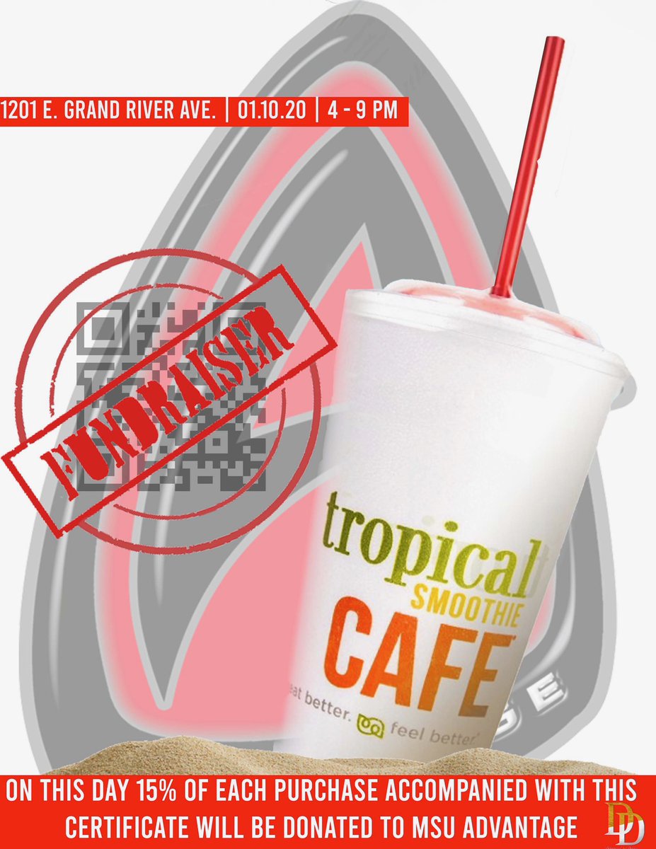 MsuAdvantage's tweet photo. Join us this friday at tropical smoothie🍓! 15% of each purchase will be donated to us. This location ONLY. See you there!😋 https://t.co/S9VdryAjkD