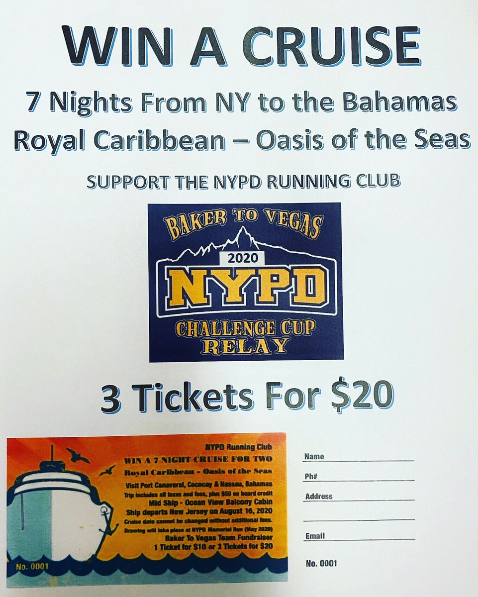 NYPDrunning's tweet photo. Club members are selling chances to win a 7 night Royal Carribean cruise to support our teams at the 2020 Baker To Vegas Challange Cup Relay. Book of 3 raffles for $20. Contact NYPD Running Club Baker To Vegas team members for your chance to win https://t.co/CWL5WZrE77
