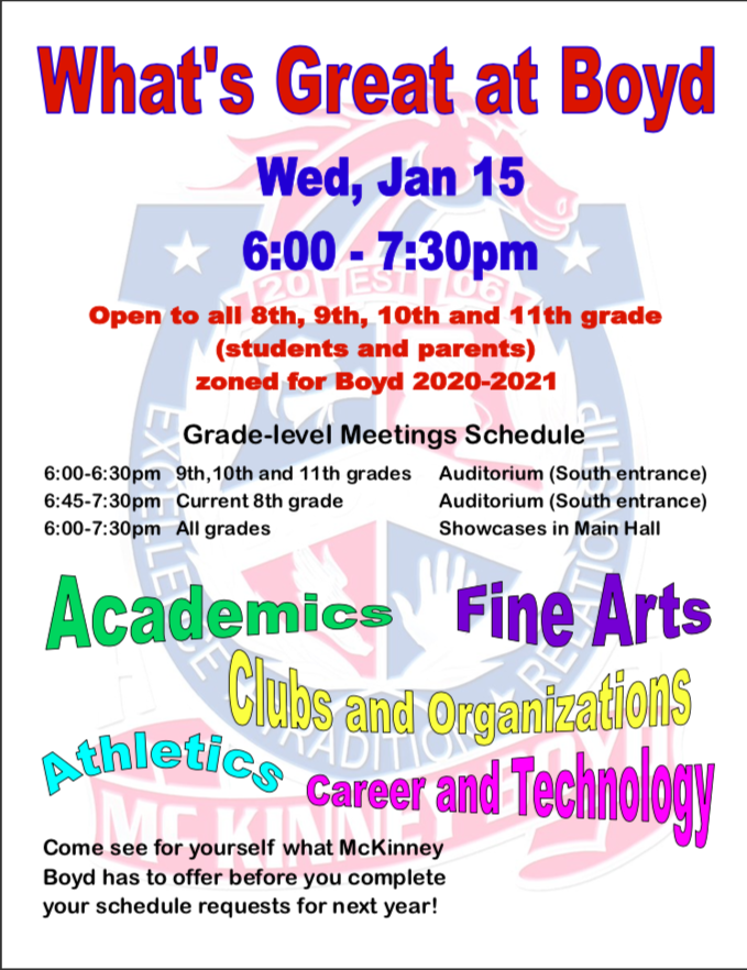 JKPeirson's tweet photo. We cannot wait to see all of our 8th-11th graders and parents at our What's Great at Boyd night! Hope to see everyone there! https://t.co/ZKWP2LasvW