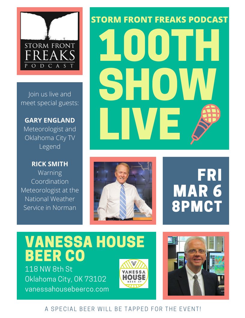 stormfrontfreak's tweet photo. 100TH EPISODE PARTY! We’re excited about this-celebrating our 100th LIVE in #OklahomaCity with guests @garyeOK and @ounwcm and a special beer tapping at @VHBeer on Friday 3/6...AND YOU’RE INVITED! Come see us all. https://t.co/Hu3V20pfg8