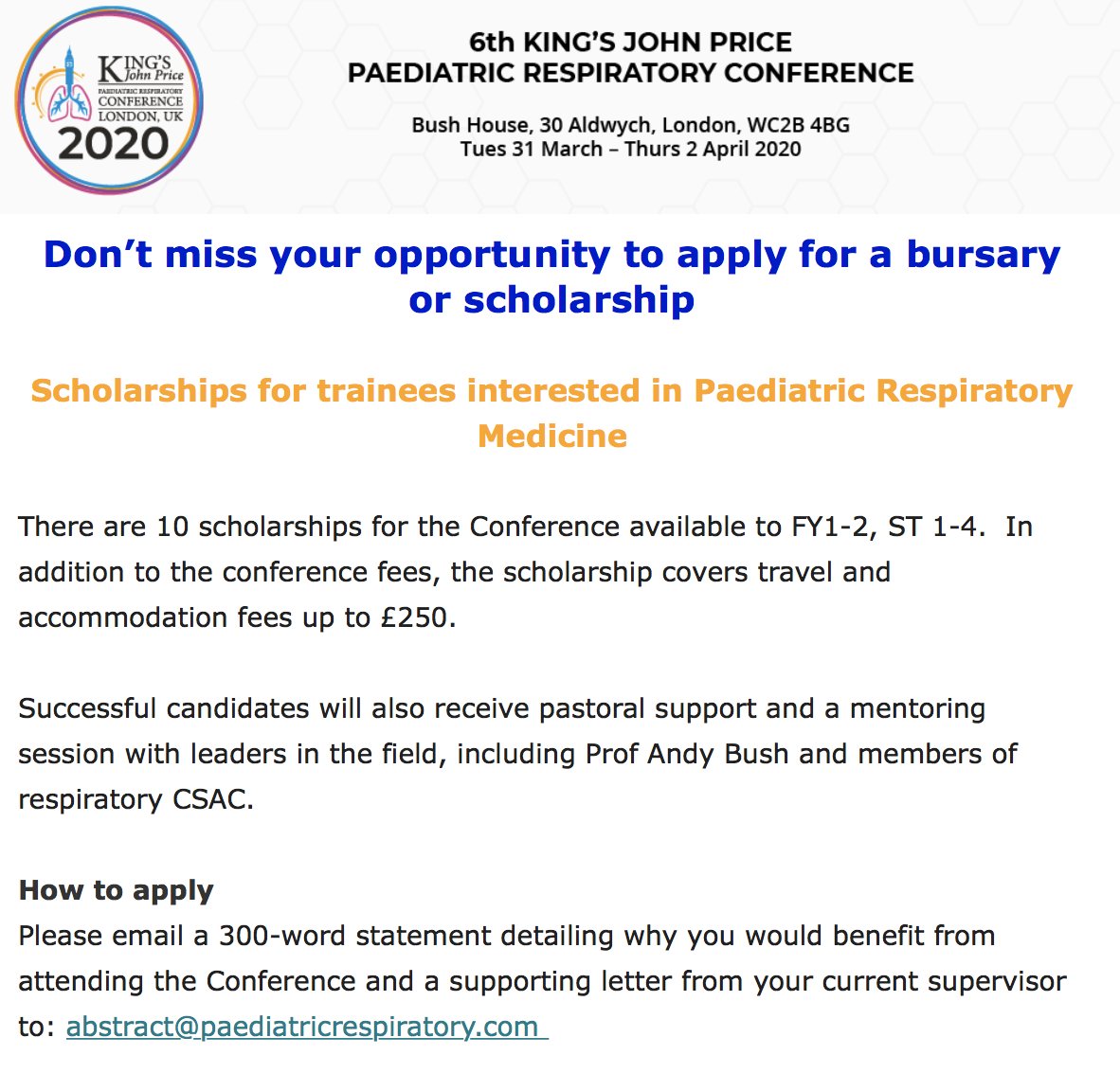 LondonPaedResp's tweet image. Don’t miss your opportunity to apply for a scholarship @LondonPaeds @RCPCHtweets @rcpch_trainees 
paediatricrespiratory.com/scholarships-b…