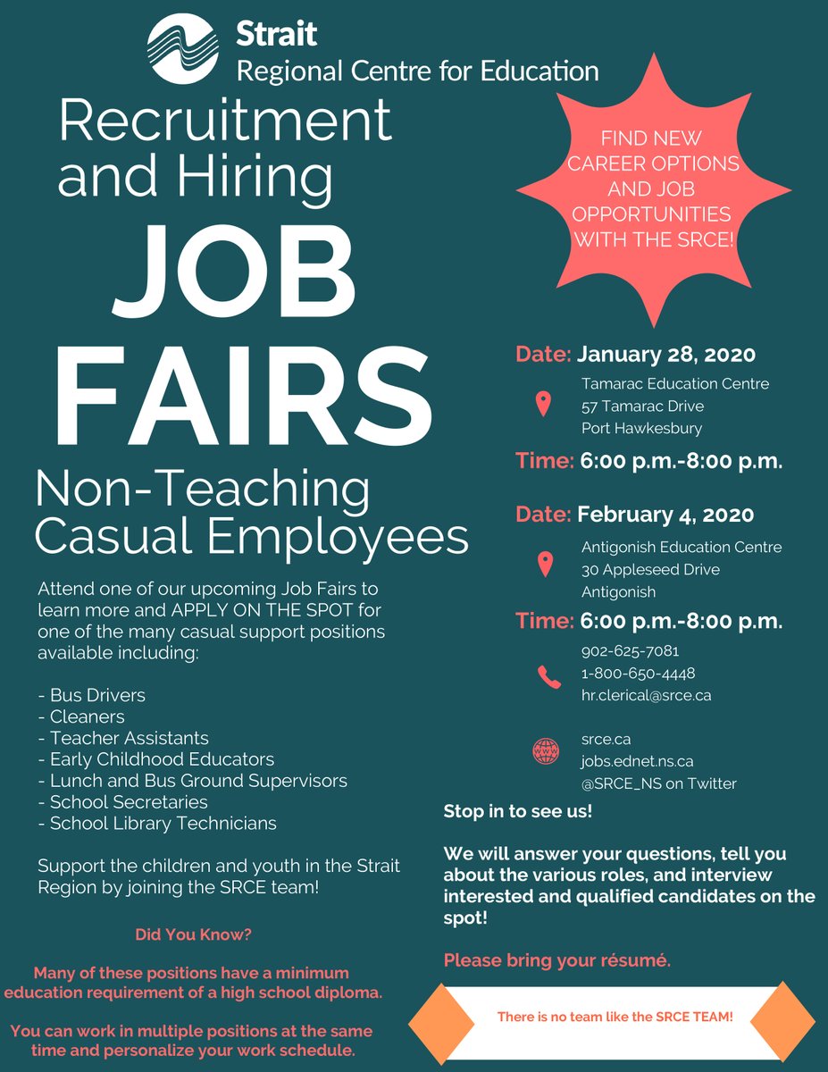 Plan now to attend one of the SRCE’s upcoming Recruitment and Hiring JOB FAIRS for Non-Teaching Casual Employees &amp; APPLY ON THE SPOT for one of the many casual support positions. Learn more @ srce.ca/content/recrui… #thereisnoteamliketheSRCETEAM