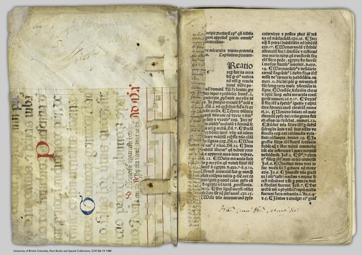 Photo of an open incunable (early printed book) showing the inside front cover & 1st page. The 1st page shows 2-columns of early type, in Latin. The board is covered with a recycled leaf from a medieval musical manuscript. Oriented vertically, it has 1 stave of 4 red lines with black neumes (a form of early music notation) beneath 9 lines of text copied in black ink with majuscules in blue or red.