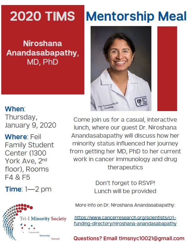 TIMS_nyc's tweet photo. Join us on Thursday January 9th for a casual and interactive lunch with Dr. Niroshana Anandasabapathy. She will discuss her journey from getting her MD, PhD to her current work in cancer immunology and drug therapeutics! #Mentorship #Community #WCGS #WeillCornell https://t.co/SDsCvEOK3Q
