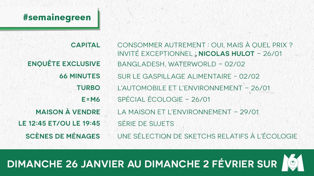 M6's tweet photo. #SemaineGreen
Du dimanche 26 janvier au dimanche 2 février, M6 propose une programmation exceptionnelle autour des enjeux environnementaux. https://t.co/YR6pL0l8tg