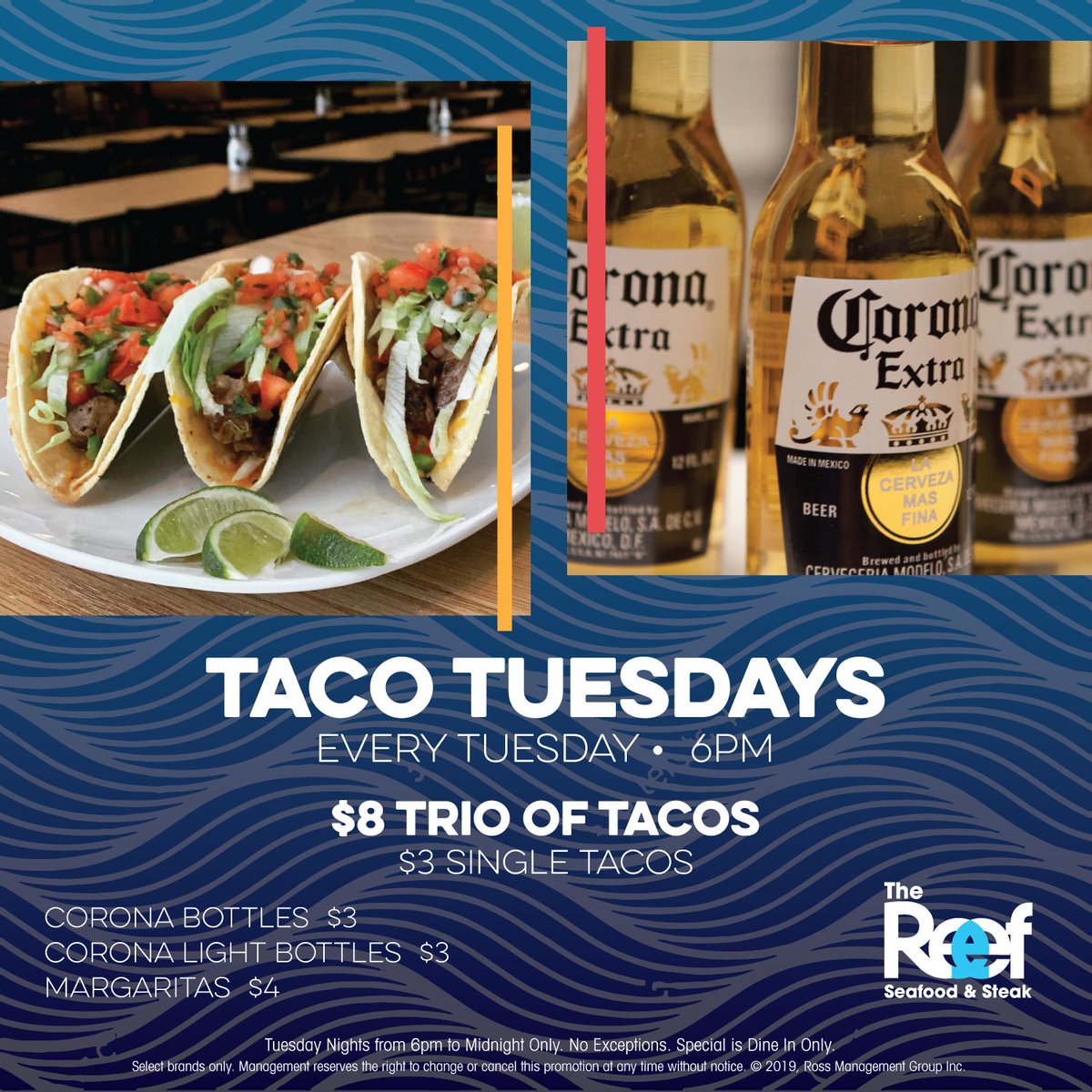 TheReefDelaware's tweet photo. Let's taco-bout dinner tonight. $8 Trio of Tacos, $3 Tacos, $3 Coronas &amp; $4 Margaritas starting at 6pm! 🌮🍻 

#thereefdelaware #tacotuesday #coronas #margs #margaritas #dinner #tuesday #wilmingtonde #delaware https://t.co/S6shCicGPS