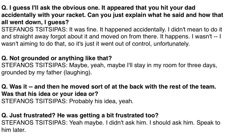 BenRothenberg's tweet photo. Both Tsitsipas and Kyrgios downplayed the moment where Tsitsipas unintentionally hurt his father/coach with an angry racquet swing. #ATPCup https://t.co/P1EpA9lUcz