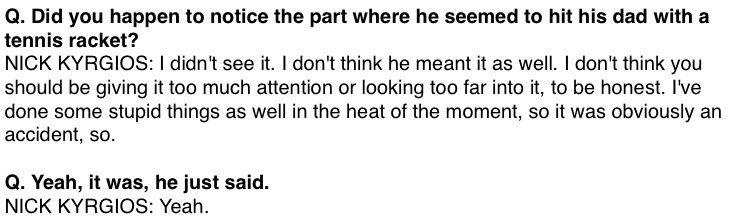 BenRothenberg's tweet photo. Both Tsitsipas and Kyrgios downplayed the moment where Tsitsipas unintentionally hurt his father/coach with an angry racquet swing. #ATPCup https://t.co/P1EpA9lUcz