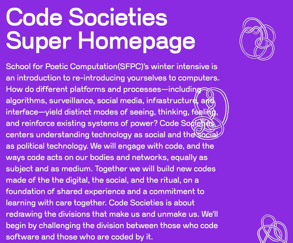 Screen capture of Code Societies Homepage featuring knot drawings and main description of the session.