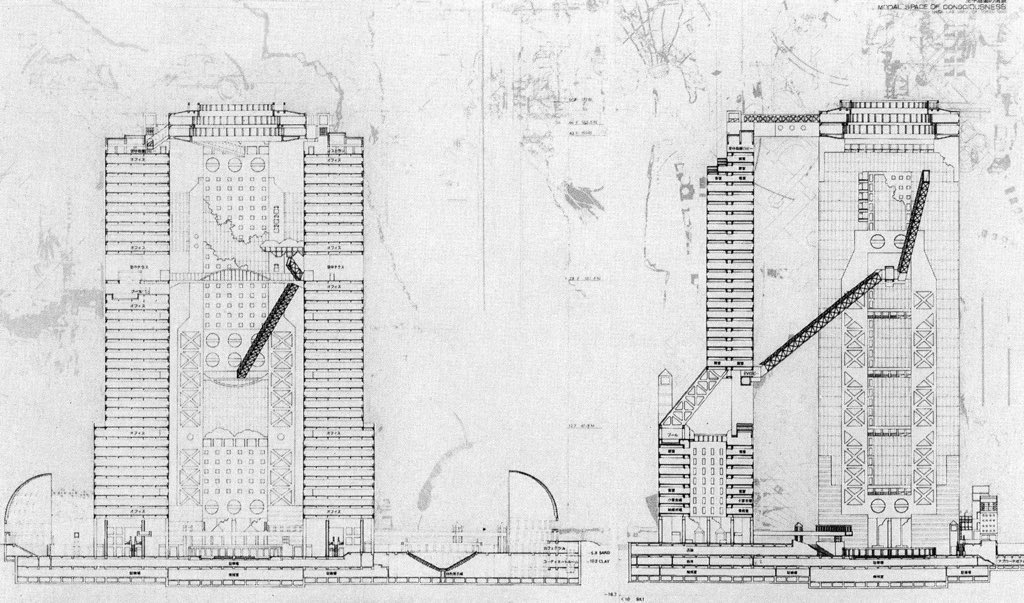 Some more models & drawings of Hiroshi Hara’s highrise masterpiece, the Umeda Sky Building in Osaka, 1988-93, last image with my reflection in it 