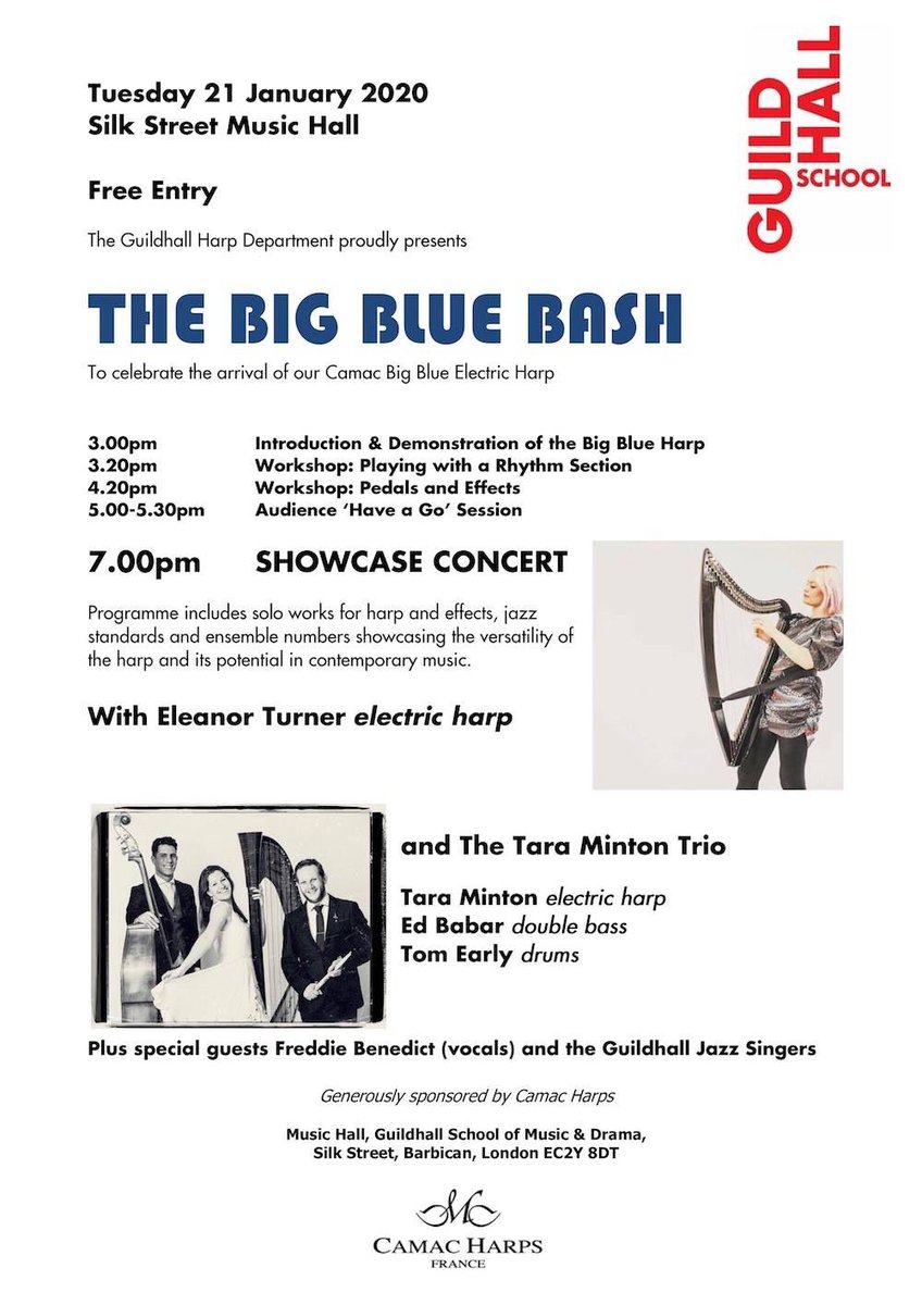 Excited to be returning to @guildhallschool to showcase the new Camac #bigblue harp w/ @eleanorstrings @edbabarmusic @Tom_Early The Guildhall Jazz Singers & @FreddieBenedict FREE ENTRY all welcome #jazzharp #electroharp #camacharps
