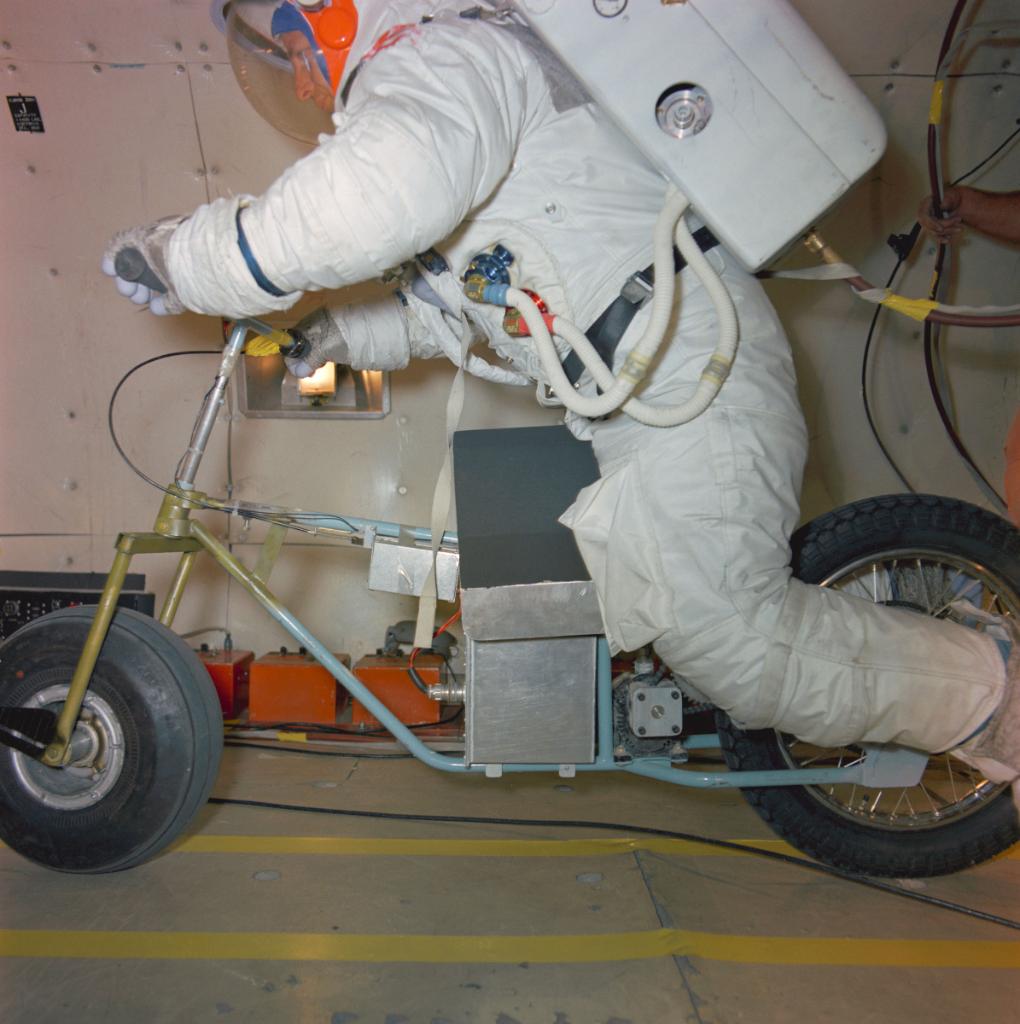 Closeup of the electric motor scooter with an astronaut during testing.