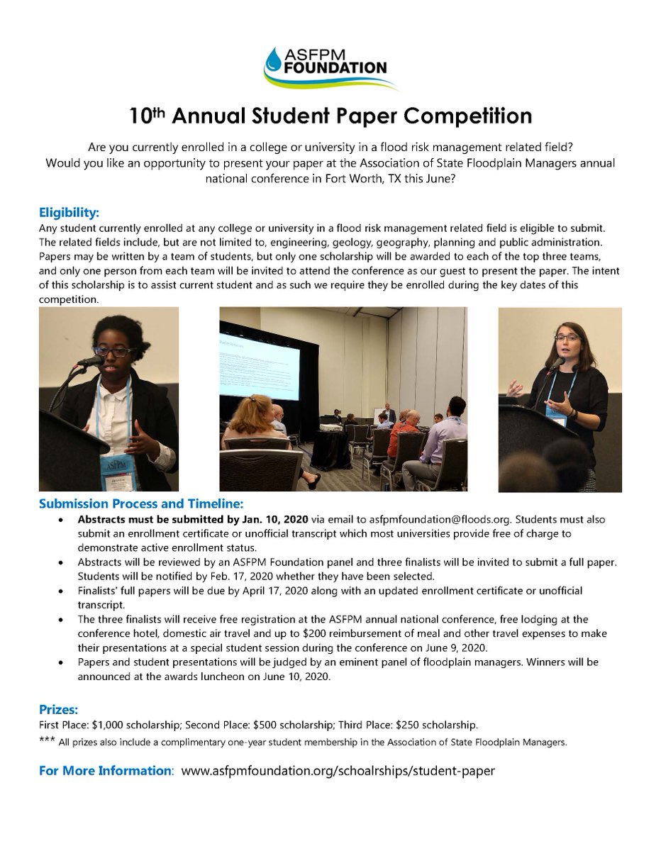 Still time to enter our student paper competition. Currently enrolled in flood risk management related college courses? Win cash &amp; a trip to Fort Worth. Present at ASFPM conference in June. Abstracts due this Friday. @floodsorg