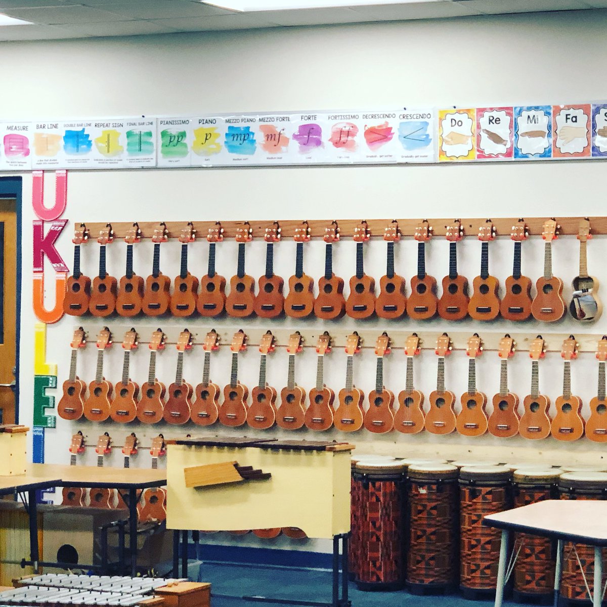 Look at the hard work Mr. E put into finishing putting up our ukulele wall! #musicclassroom #cometcountry #cannella