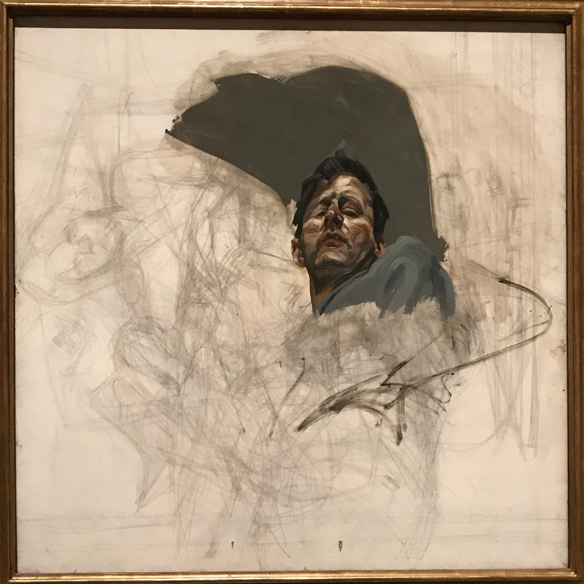 GiraffeCorner's tweet photo. Studying Lucian Freud's unfinished self-portrait @royalacademy and wondering who the abandoned initial sketch was of. I’m feeling better about reworking the under painting of my latest painting for the 4th time!  #TormentedArtist https://t.co/nJBHqMYstl