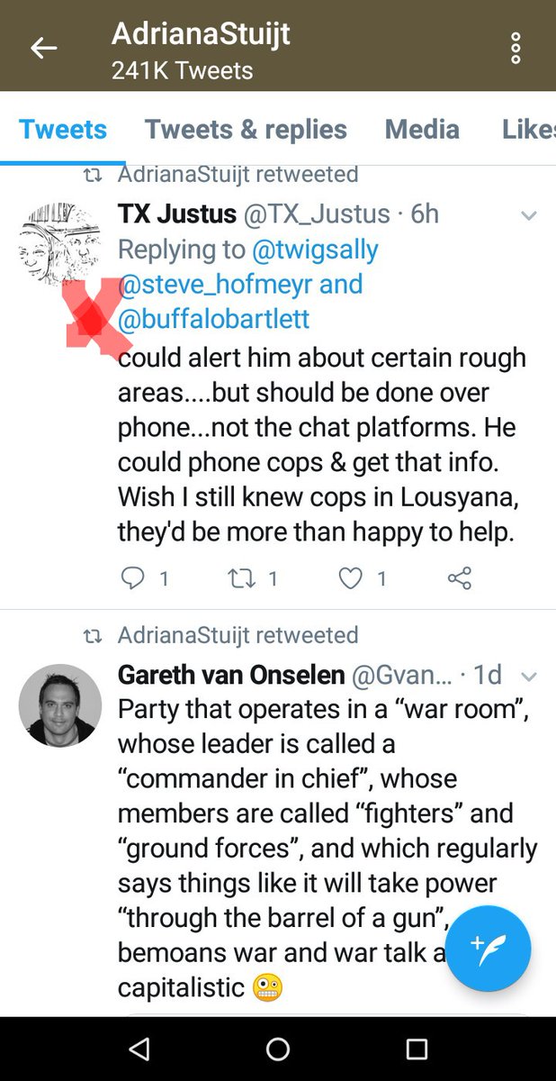 I spent a few minutes on Adriana's TL. NOTE who she RT's. Steve Hofmeyr, whose son Devon, conveniently earns a living providing "security services" to white farmers AND Helen Zille's boy, Renaldo, a friend it seems of Willem Pet, a known right wing racist in SA.