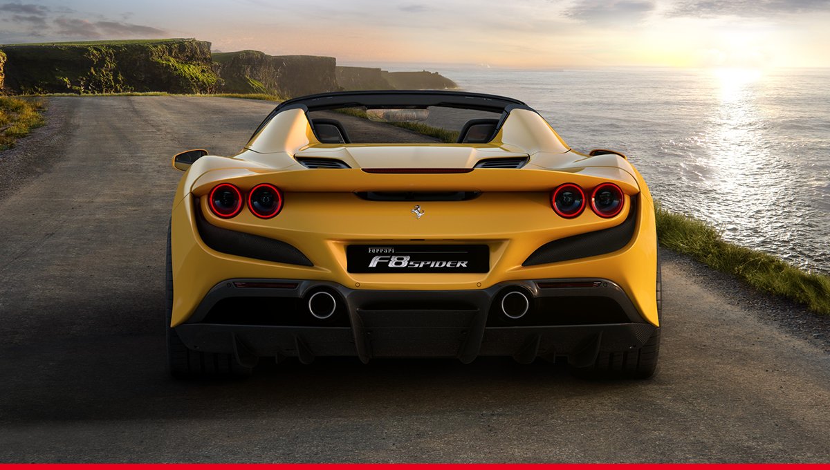 Ferrari's tweet image. Front or rear doesn’t matter, the #FerrariF8Spider is always enchanting. #CarsWithoutLimits