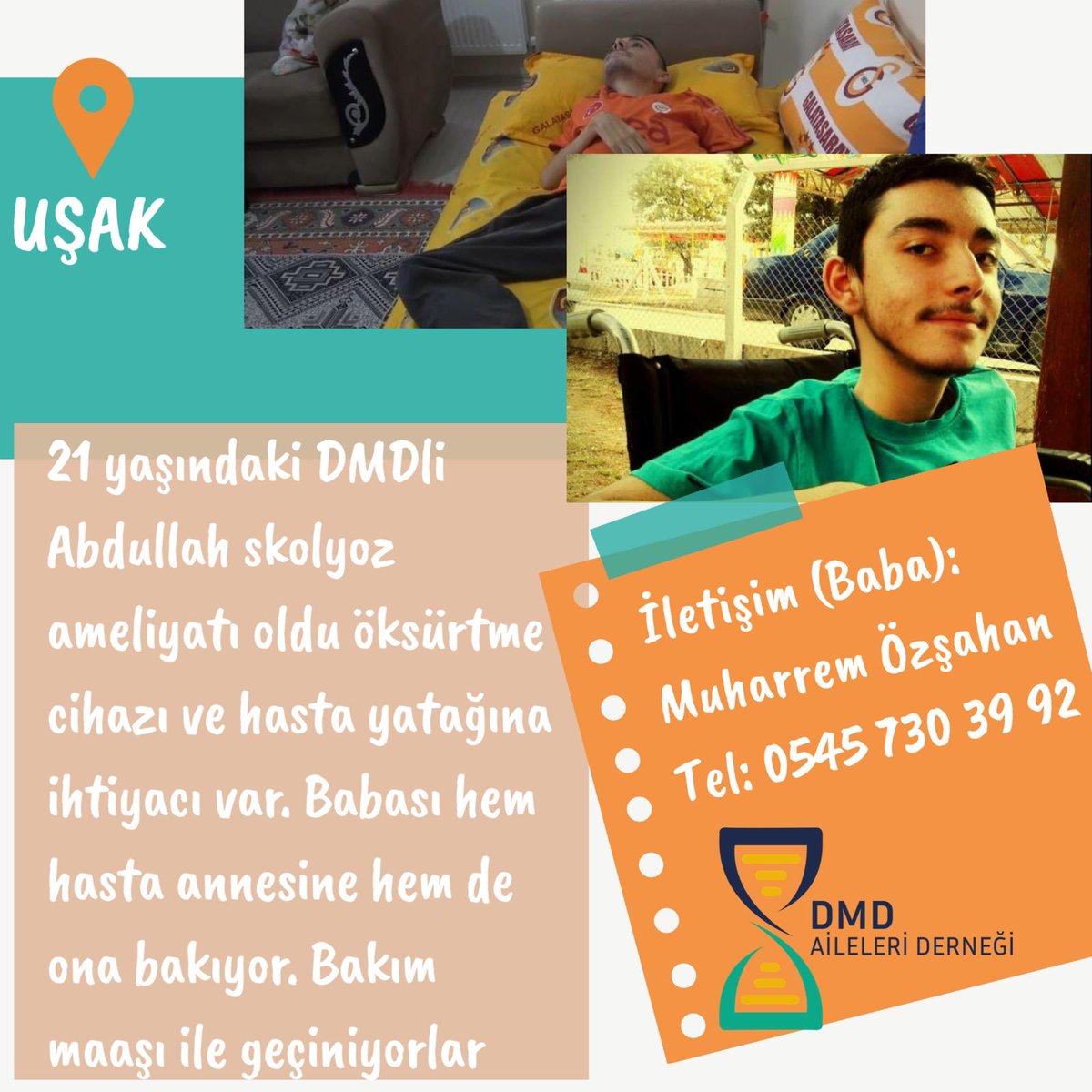 farukkockozic's tweet photo. Abdullah Özşahan 21 yaşında DMD kas erimesi hastası ve  Uşakta yaşıyor.Skolyoz ameliyatı oldu HASTA YATAĞINA  ve ÖKSÜRTME CİHAZINA  ihtiyacı var.Anne hasta.Baba hem anneye hem çocuğa bakıyor.Bakım maaşı ile evde geçim sağlanıyor.
baba: Muharrem Özşahan 
Tel      : 0545 730 39 92 https://t.co/4bF9eu3Piu