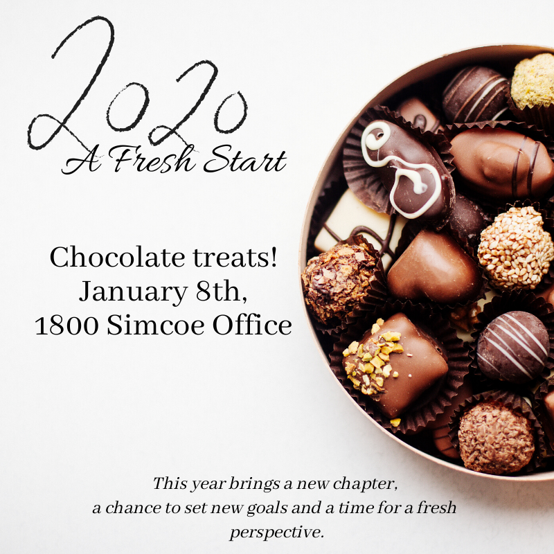 VarsityOshawa's tweet photo. It's 2020 and we are EXCITED! Come celebrate the new decade with chocolate treats tomorrow in the 1800 Simcoe lobby! 🍫.
What are your new year's resolutions and goals? Share them below! 👇👇
#newyearnewme #goalsgoalsgoals #voliving #2020 #freechocolate #event https://t.co/NUyH9F1Tk6