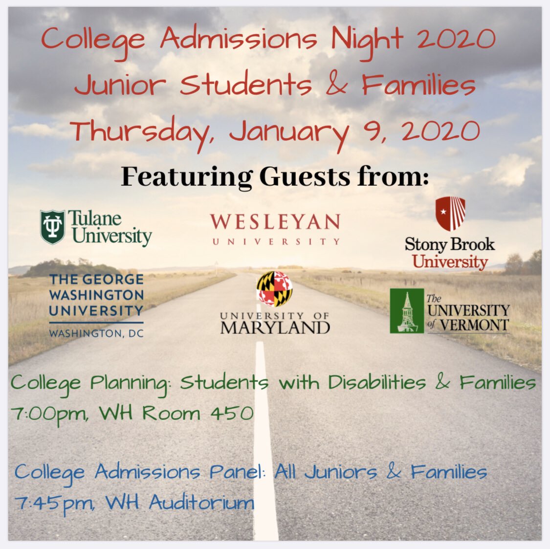 Junior Students and Families•Please join us Thurs evening at 7:45 for College Admissions Night 2020 • College reps from 6 universities will be here to answer your questions. @wesleyan_u @stonybrooku @Tulane #georgewashingtonu #vermont #maryland @EastWillistonSD @WheatleySchool