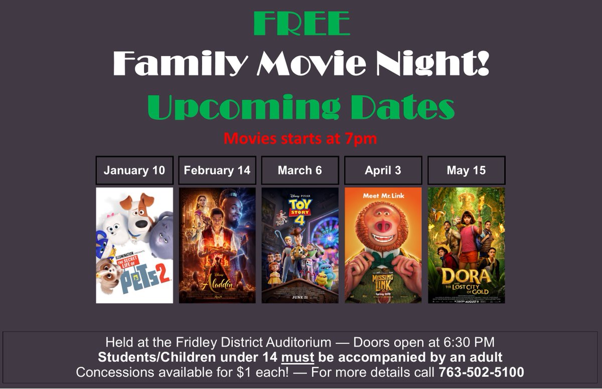 FridleyCommEd's tweet photo. Family Movie Night is this Friday! Doors open at 6:30pm. Movie starts at 7pm. See you there! https://t.co/merHkyWYiT