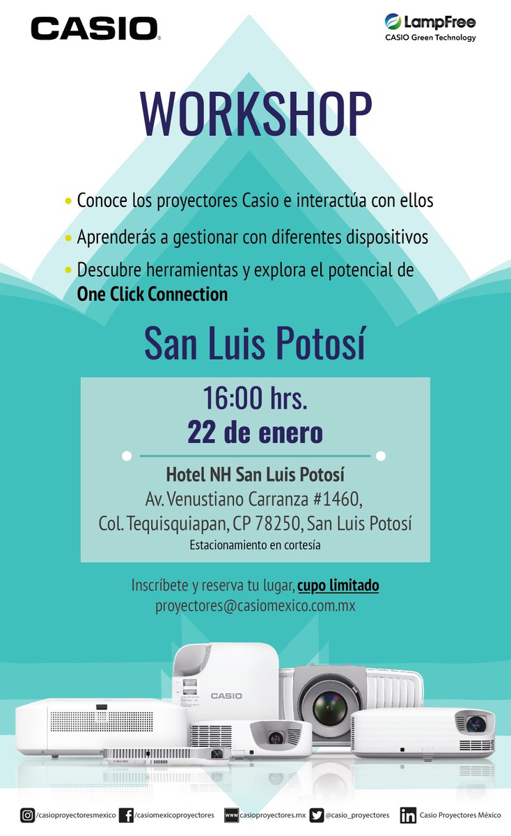 Amigos de San Luis Potosí, los invitamos a participar en nuestro Workshop en el Hotel NH San Luis Potosí el día 22 de enero a las 16:00hrs. 👨‍💼👩‍💼
Confirma tu asistencia a proyectores@casiomexico.com.mx 
*Cupo limitado
#workshop #Tecnologia #SanLuisPotosí
