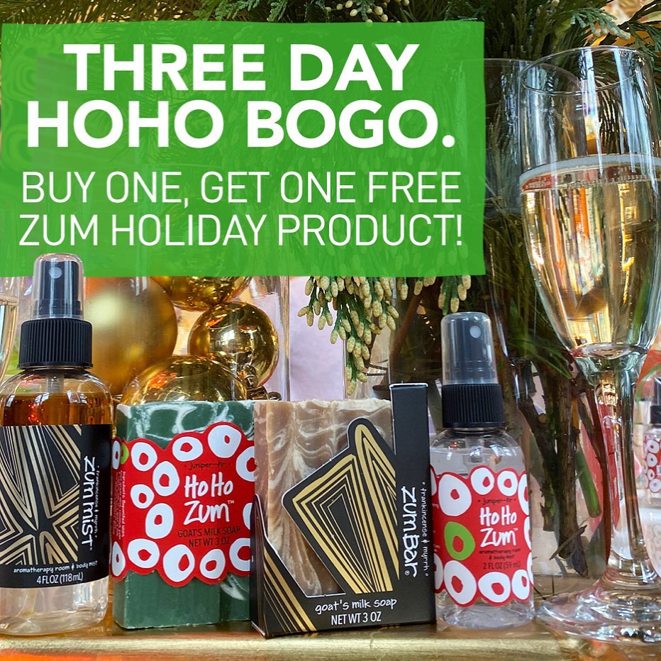 Select Zum Holiday products are Buy One, Get One FREE online today through Thursday at midnight! No code needed - just toss select holiday products in your cart and a duplicate item will appear for nothing extra. 
indigowild.com/holiday-zum/zu…