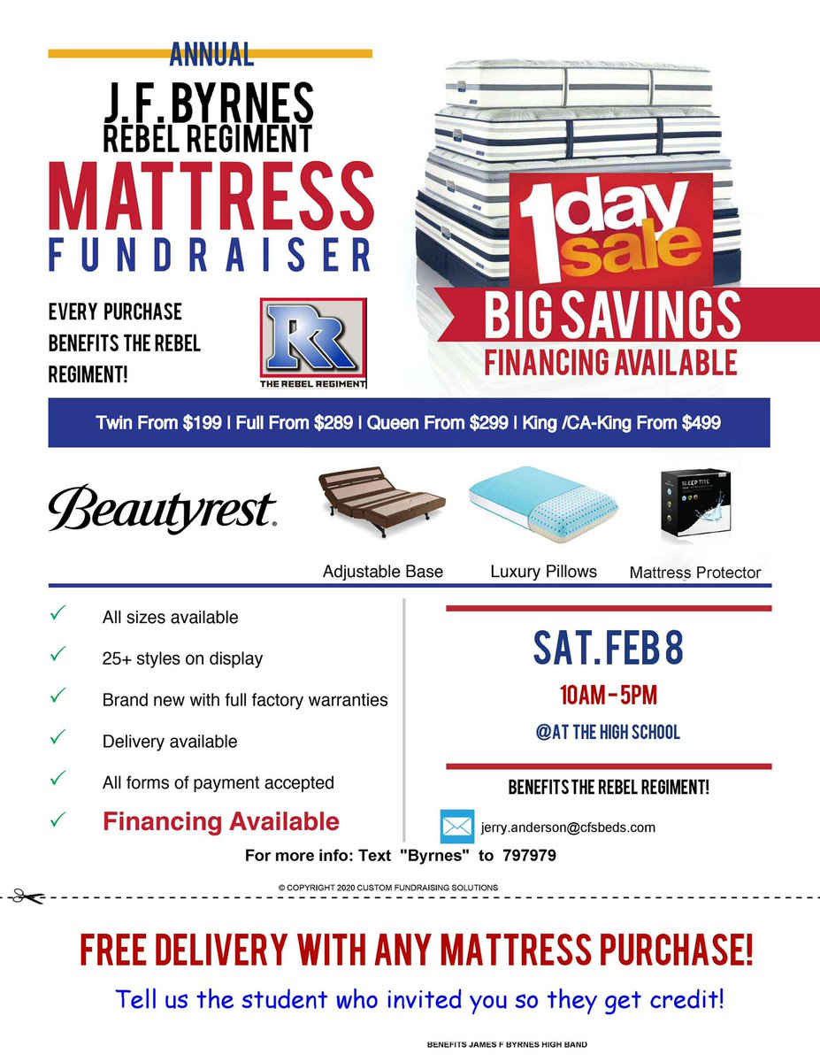 Mattress fundraiser coming up soon on Saturday, February 8, from 10:00-5:00 at BHS! Invite everyone you know! 🛏 #rebelregiment #bhs #byrnes #rebels #fundraising #WeAreD5
