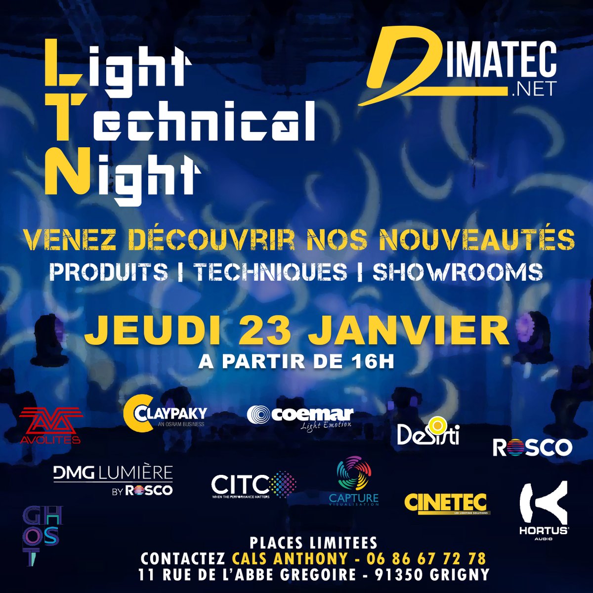 Dimatec_Light's tweet photo. JEUDI 23 JANVIER à partir de 16h
Rendez-vous dans nos showrooms pour un apéro technique 👌🤩
#showroom #dimatec #lightpassion #light #lightingdesign https://t.co/vCcxgDRSQV