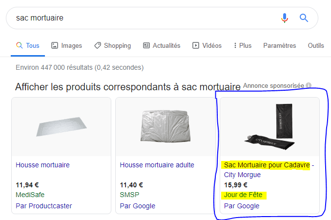 Google Shopping permet parfois des réunions de produits insolites :-)