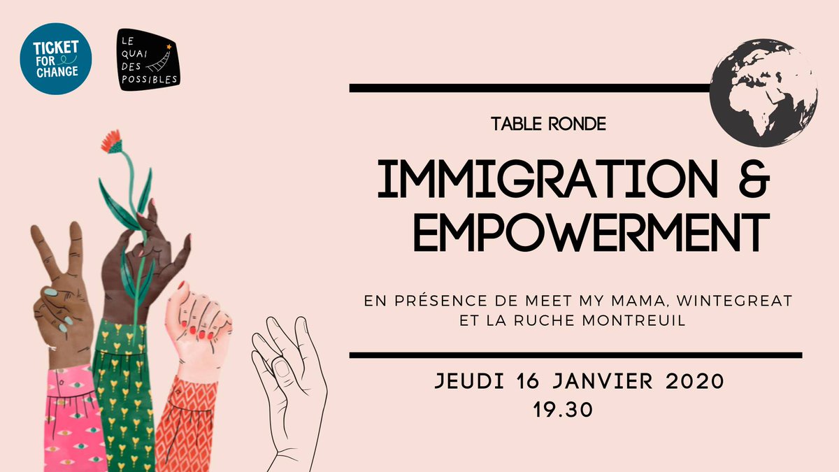 Rendez-vous le 16 janvier au <a href="/Quaidpossibles/">Le Quai des possibles</a> pour une #TableRonde sur l'#immigration et de l'#empowerment avec <a href="/meetmymama/">Meet My Mama</a> <a href="/RucheParis/">La Ruche</a> et @TicketforChange. #women #socent #refugies facebook.com/events/2834661…