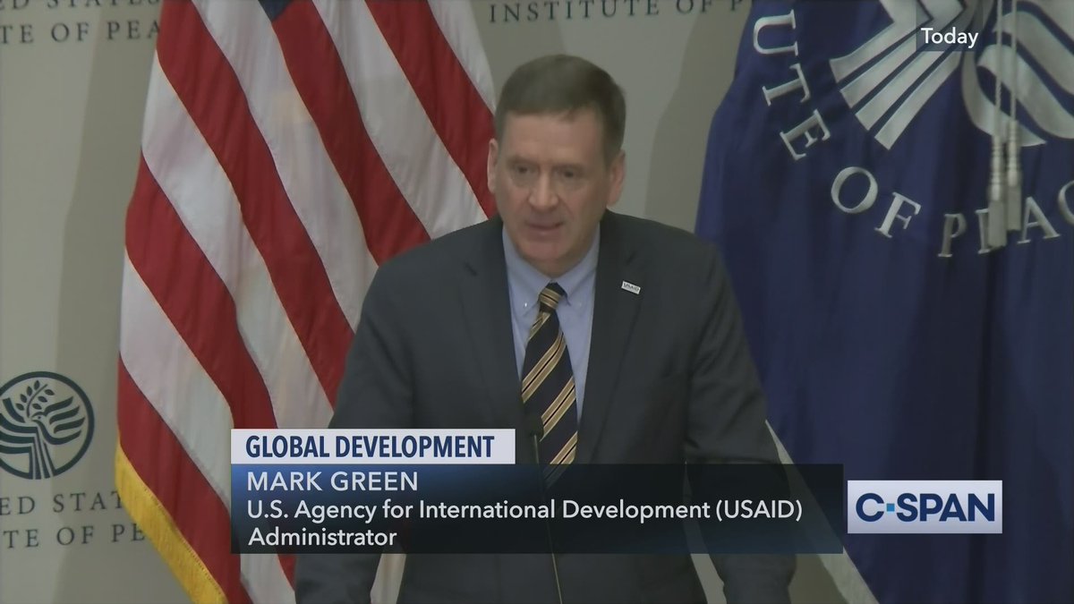 cspan's tweet photo. .@USAID Administrator @usaidmarkgreen on Global Development @USIP - LIVE on C-SPAN https://t.co/3XpVfrXGqw #PoliticsofFragility https://t.co/E2IlsHwmd8