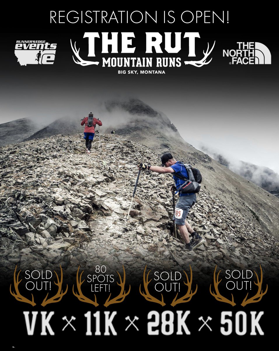 In just under two hours the 850 spots in our 2020 50K race have been filled. Our VK and 28K already sold out in the first 10 minutes of registration but we still have 80 spots remaining in our 11k race. #runtherut @thenorthface @runnersedgemt @bigskyresort runtherut.com