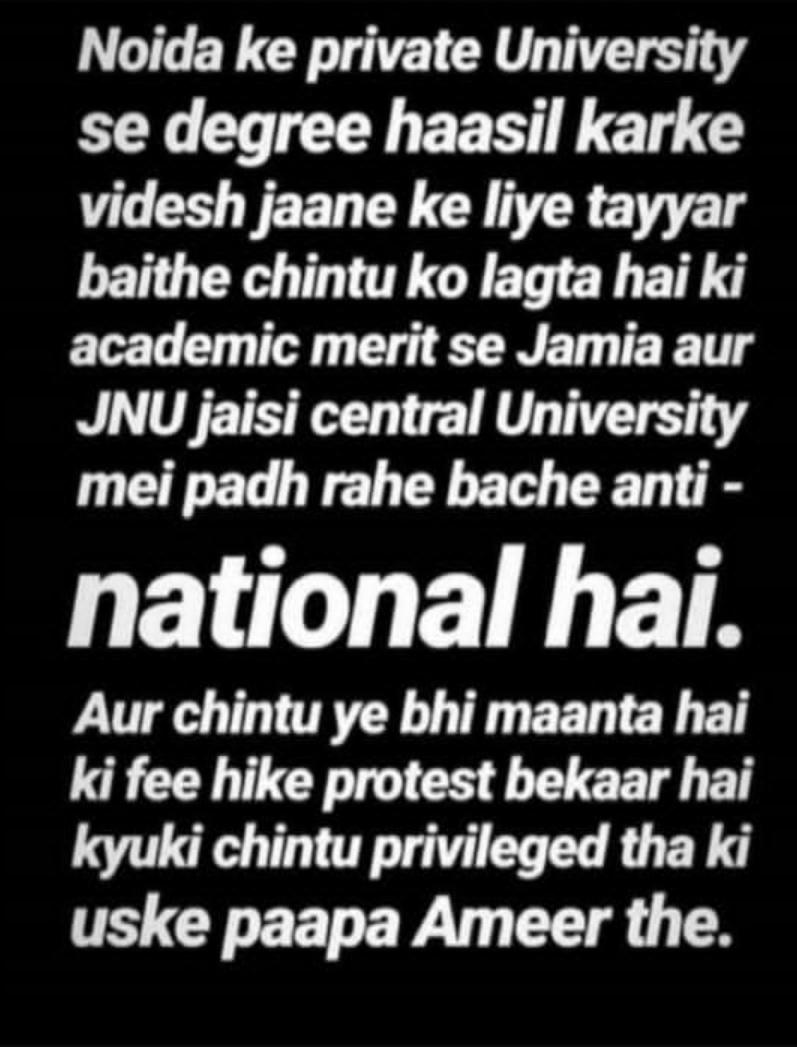 SharmaBhaveah's tweet photo. In chintuo ko koi samjhao sab uske papa k jaise ameer nhi h 
#WeStandWithJNU #AisheGhosh # https://t.co/UUdd3oFmLV