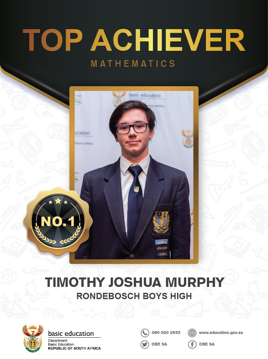 DBE_SA's tweet photo. Now to announce the Country's Top Achievers of 2019 - Mathematics:  
1 - TIMOTHY JOSHUA MURPHY
2 - IVAN BADENHORST 
3 - MUKONA MARTIN RANZIDA https://t.co/F6VotLwmhc