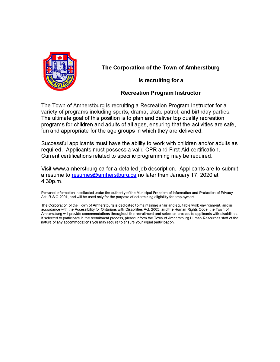 LivingAburg's tweet photo. Do you know someone looking for a part time job?  The Recreation Services division is looking for responsible individuals who like working with children to work as Program Instructors.  Visit https://t.co/yDdKtICBYt for more information on the position.  #Amherstburg #working https://t.co/MRfmJYThPg