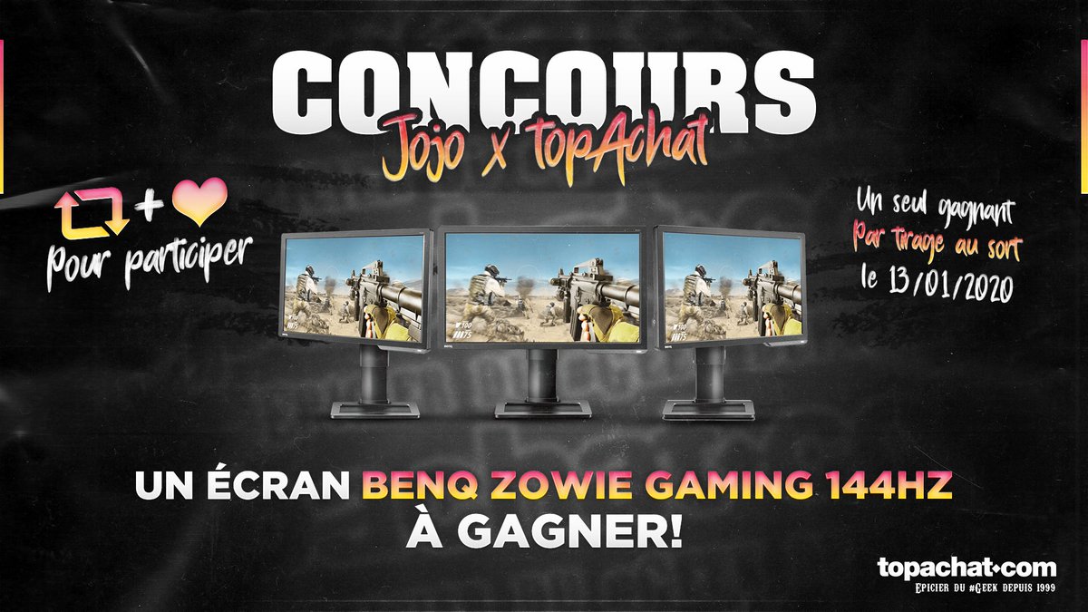 SalutJojo's tweet image. 🔥 #CONCOURS @TopAchat 🔥

Y’A QUOI À GAGNER ? 

• Écran gaming BENQ ZOWIE XL2411P Full HD 144Hz (parfait pour jouer sur console et PC) 

COMMENT PARTICIPER ?

• 🔁 RT ce Tweet immédiatement 
• ❤️ Like ce Tweet calmement 

Gagnant(e) par tirage au sort