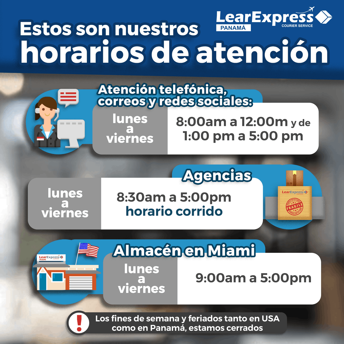 LearExpress_Pa's tweet photo. Contamos con horario de Atención al Cliente, agencias y en nuestro almacén en #Miami. Conócelos: https://t.co/dXwGmA71xS

#LearExpress #LearTips  #Agencias #USA #Miami #Servicio #Envíos #Courier #Venezuela #Aéreo #Marítimo #Direccion #Paqueteria https://t.co/tcJ1sEpU6Z